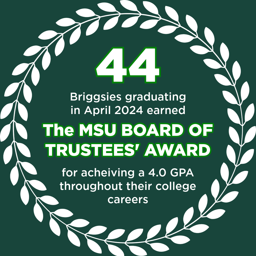 graphic with statistics of 44 Briggsies earning Board of Trustees' Awards for perfect college GPAs