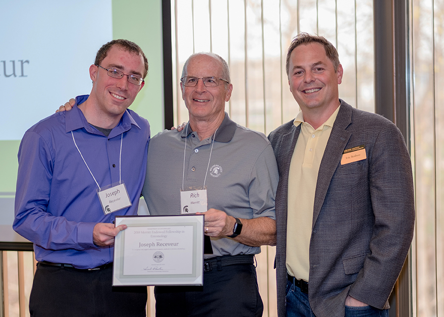 Briggs graduate teaching assistant Joe Receveur, Rich Merritt, and Eric Benbow at the Dept of Entomology Award Ceremony