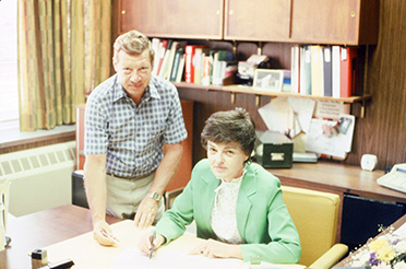 Biology faculty member Howard Hagerman and Mary Sheridan in the office