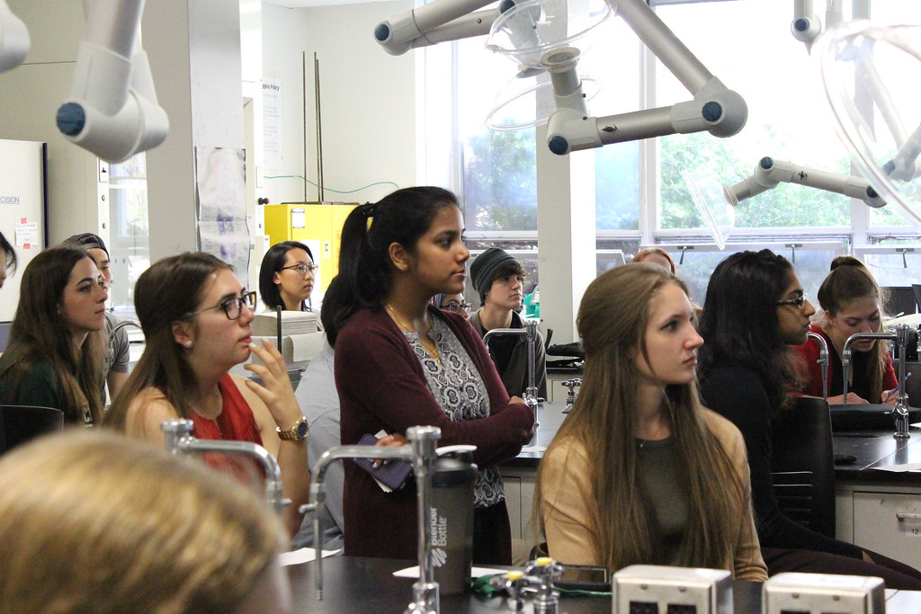 Students listen attentively during a chemistry presentation