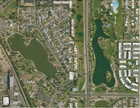 Composite image of two lakes from the dataset presented in Diaz et al. The lake on the left panel (Kiwanis Lake) is an unsampled lake in a community where > 25% of the population is Hispanic. It is markedly more clouded and murky compared with the image on the right. The lake on the right (Chaparral Lake) is a sampled lake from a non-Hispanic and White community. It appears to be clearer water, reflecting the blue sky. Both lakes are in Arizona.