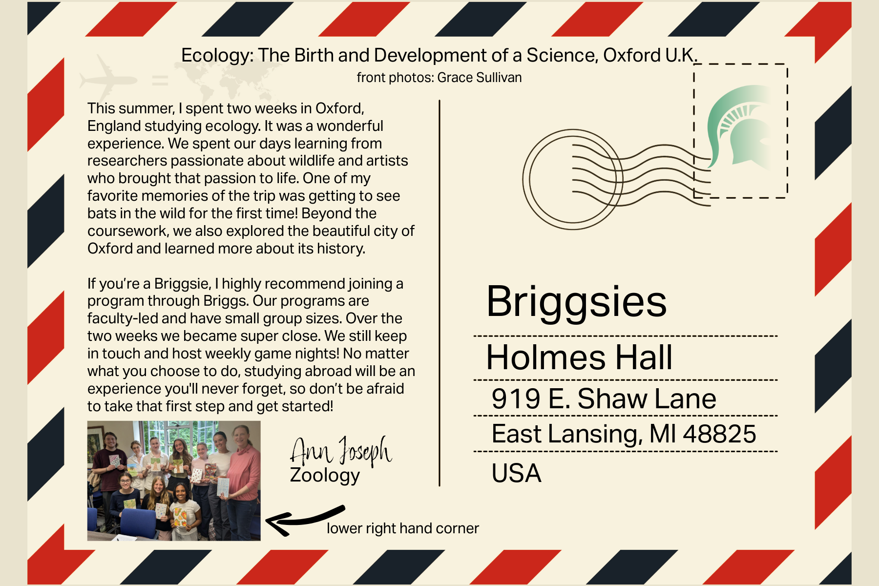 postcard-styled image with information written by Ann Joseph, repeated in the webpage text.