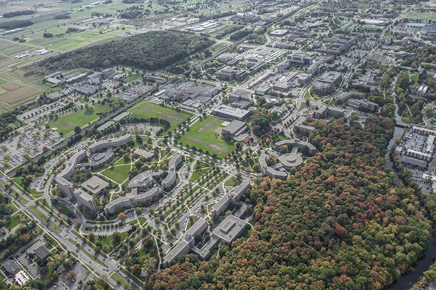 aerial view of Holmes Hall and East Neighborhood of Michigan State University, in the fall.