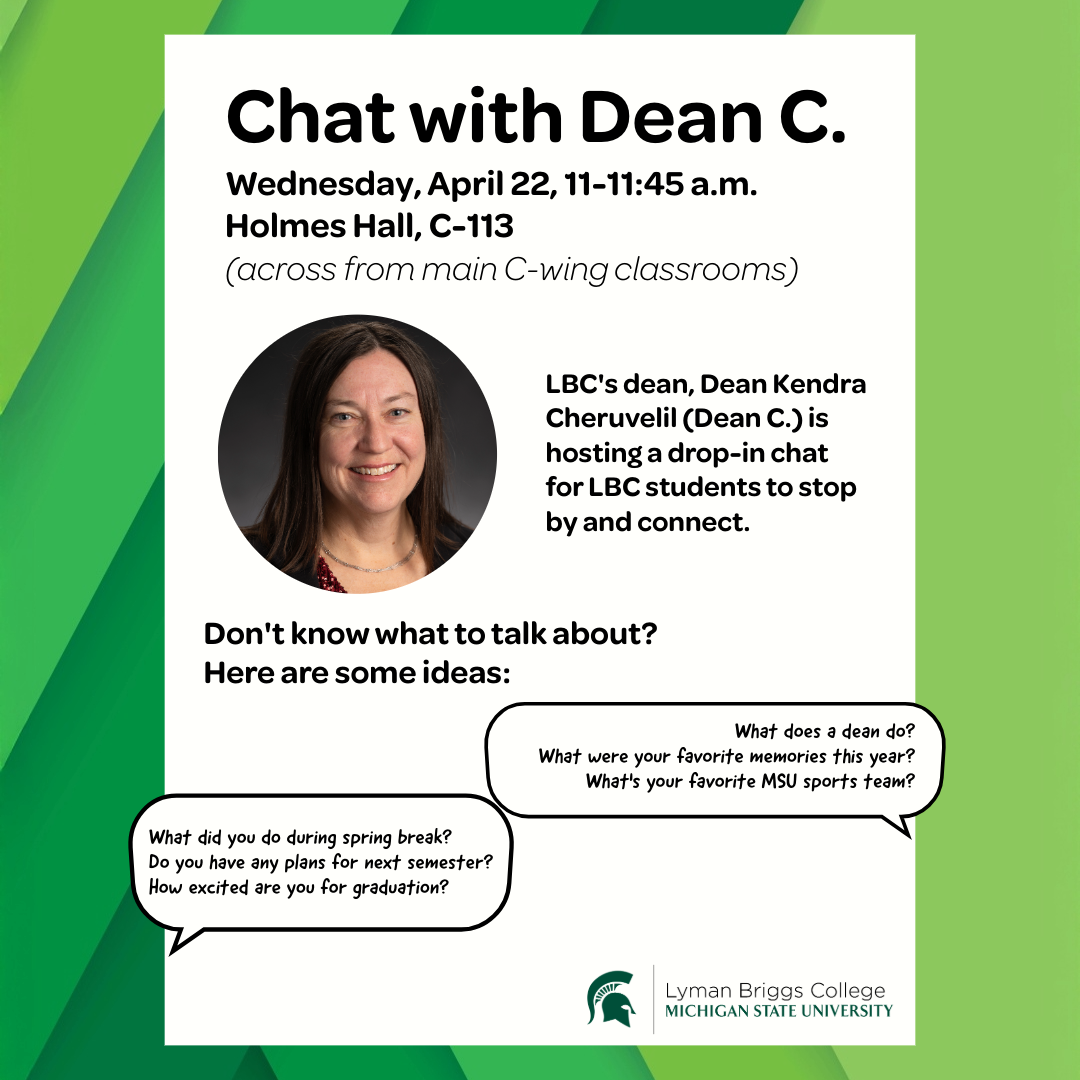 Small graphic announcing the April 22 Chat with Dean C. Includes a headshot, event date and time and location, and sample questions to ask.