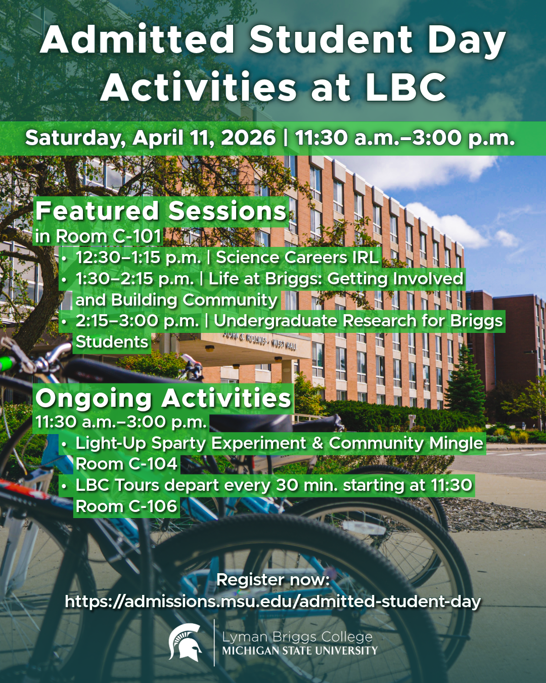 Admitted Student Day Activities at LBC flyer with all the details overlaid on a background of the exterior of Holmes Hall