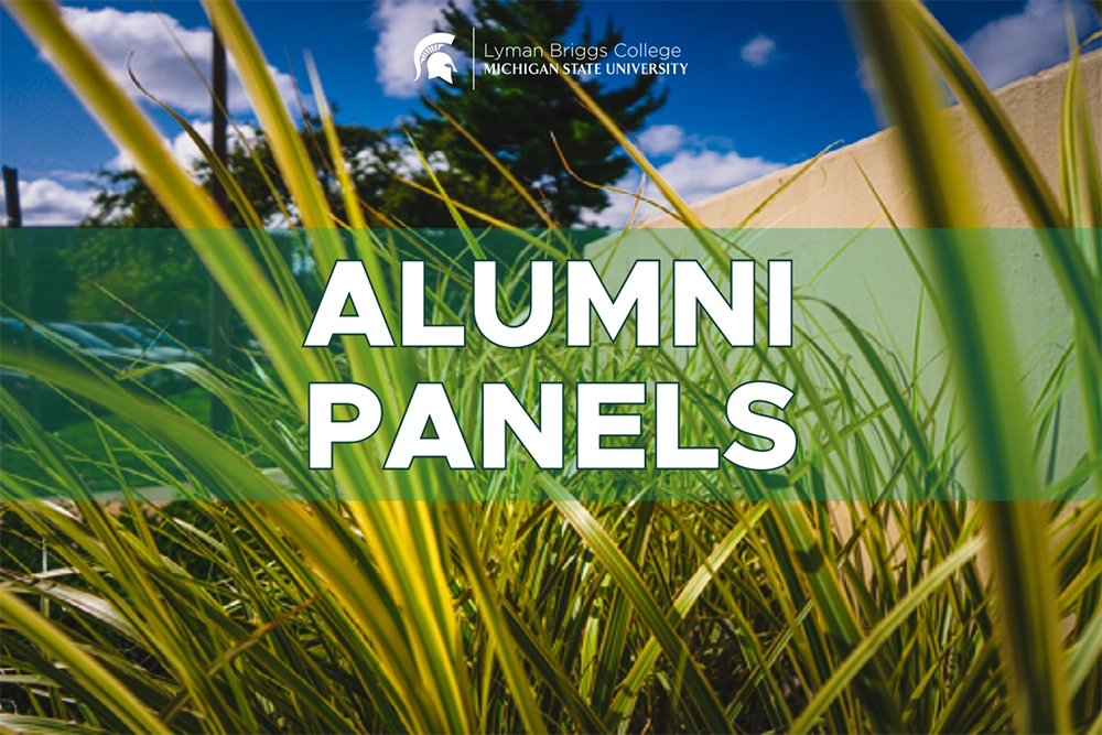 Detailed shot of grasses growing outside of Holmes. Overlaid heading for Alumni Panels White Lyman Briggs College wordmark