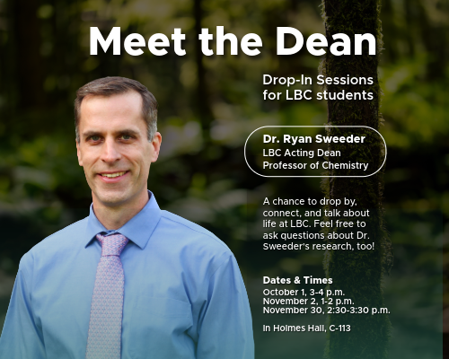 Acting Dean Ryan Sweeder with event details for Meet the Dean
