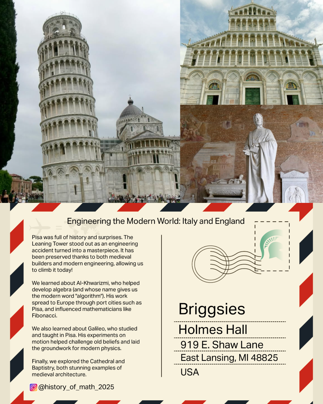 Postcard front is a collage of three images from Pisa, Italy: The Leaning Tower, the Baptistry, and a sculpture of mathematician Fibonacci.