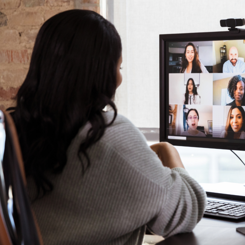 A person faces a computer screen. There is an array of other participants in an online panel