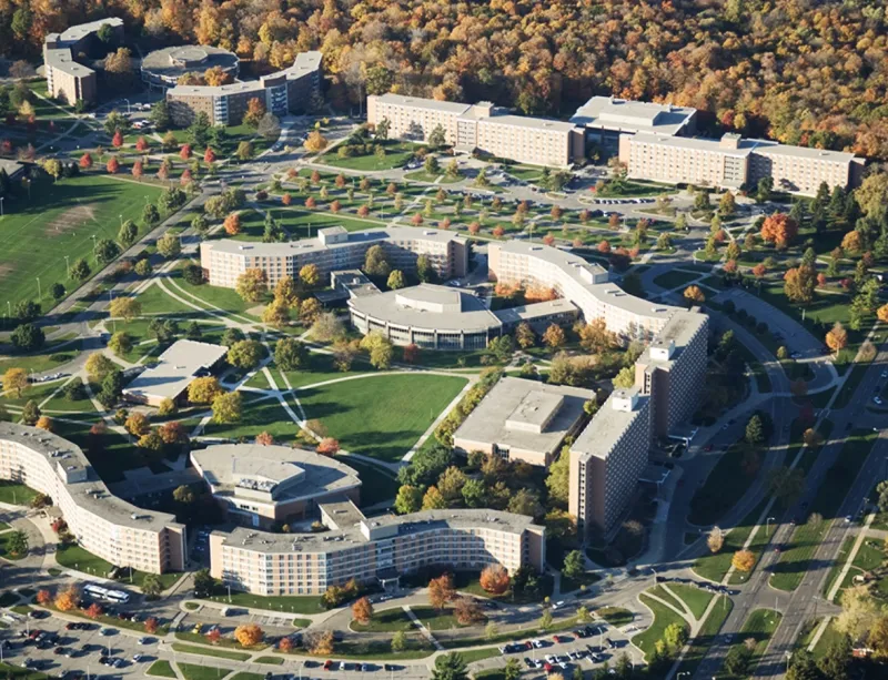 aerial image of east neighborhood on MSU's campus, showing Holmes Hall at the top, Akers Hall toward the middle and Hubbard Hall on the right edge of the image