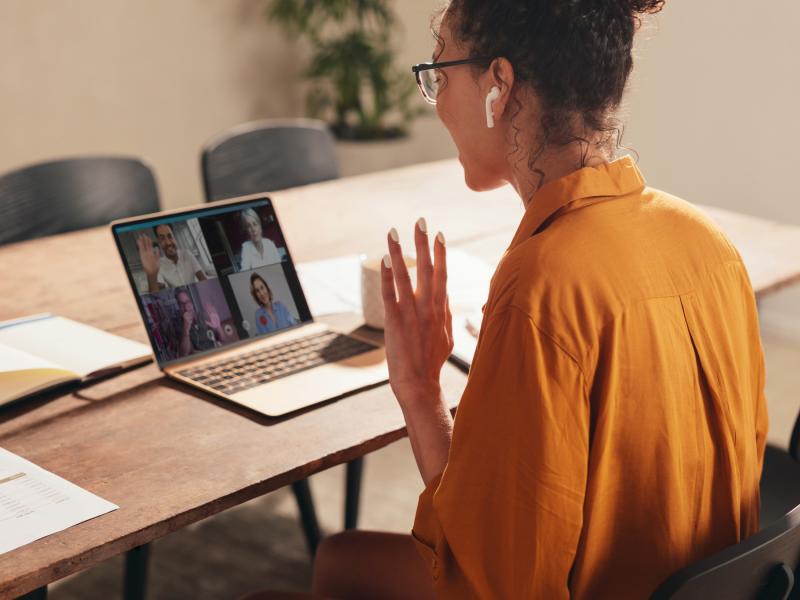 a student talks to a panel of people over the computer