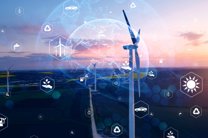 Wind turbines at sunset, with icons of all sorts of resources and technologies, many of which are regulated