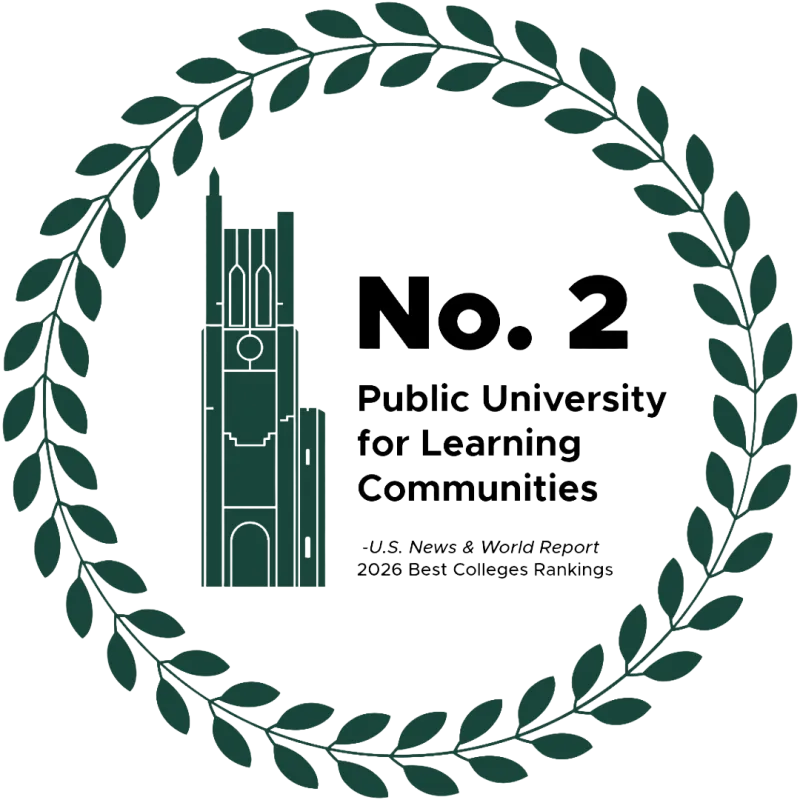 graphic with icon of MSU's Beaumont Tower, surrounded by a green laurel. Number 2 Public University for Learning Communities, as ranked by U.S. News and World Report's Best Colleges Rankings for 2026