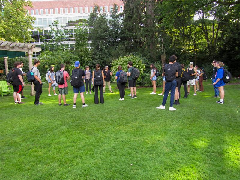 Students in Beal Botanical Garden as part of their Nature Journaling course