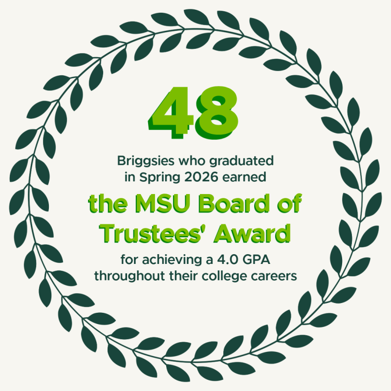 Laurel around the number 48--the number of graduating Briggsies who earned the MSU Board of Trustees' Award for 4.0 GPA