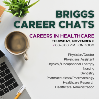 Briggs Career Chat graphic: Careers in Healthcare on Thursday, November 6, 2025